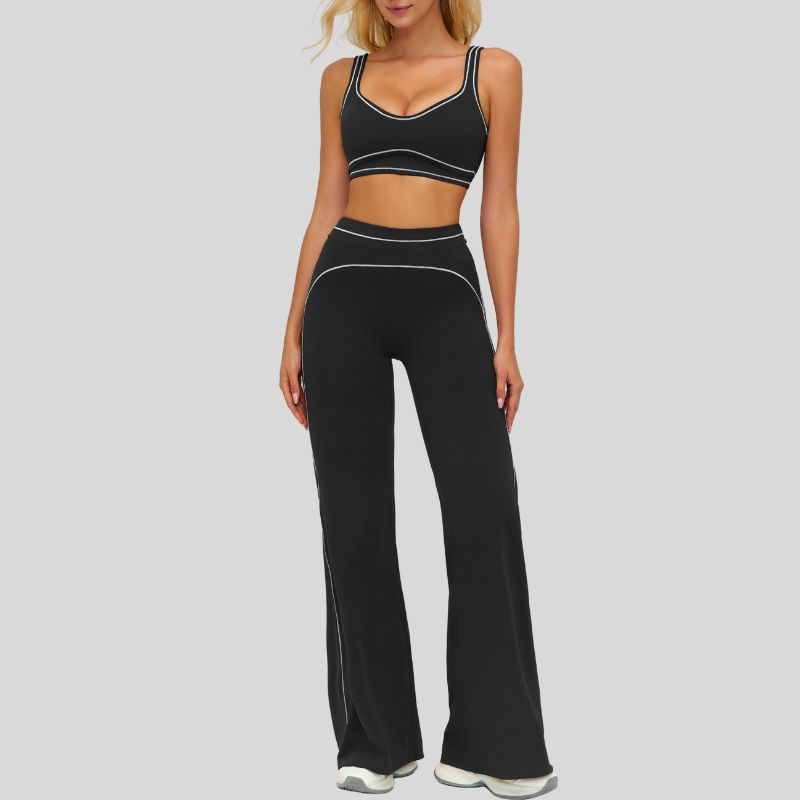 Contrasting bra with removable bra pads+High-waisted wide-leg pants 2-piece set