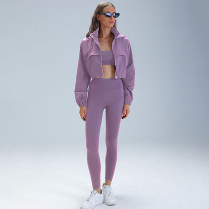 3-Piece Zip-Front Yoga Set with Hooded Jacket