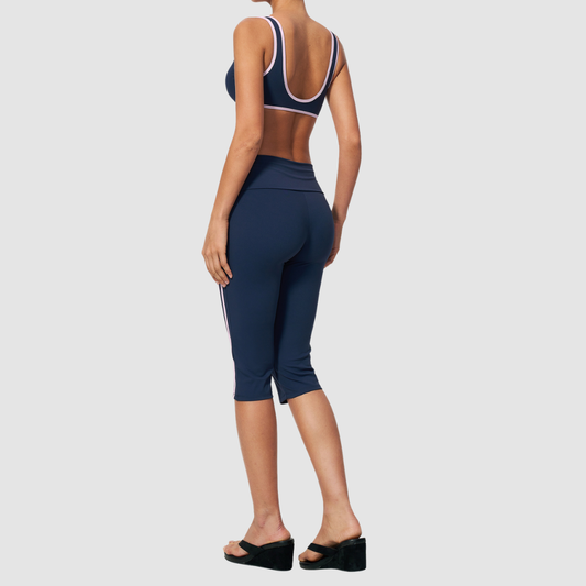 Wholesale color-blocked V-neck sports bra & striped cropped pants set