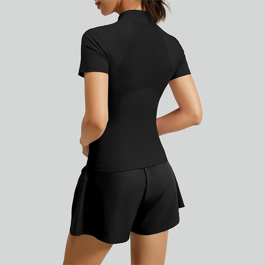 Wholesale Women's Mesh Yoga Set: Half-Zip Short Sleeve Top & Shorts