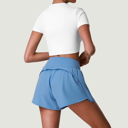 Wholesale Women's Quick-Dry Short Sleeve Crop Top + Crossover Waist Shorts Set – Tennis Running Activewear