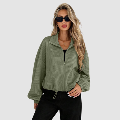 Wholesale Women's Stand-Collar Zip Jacket – Loose Drawstring Pocket Outerwear