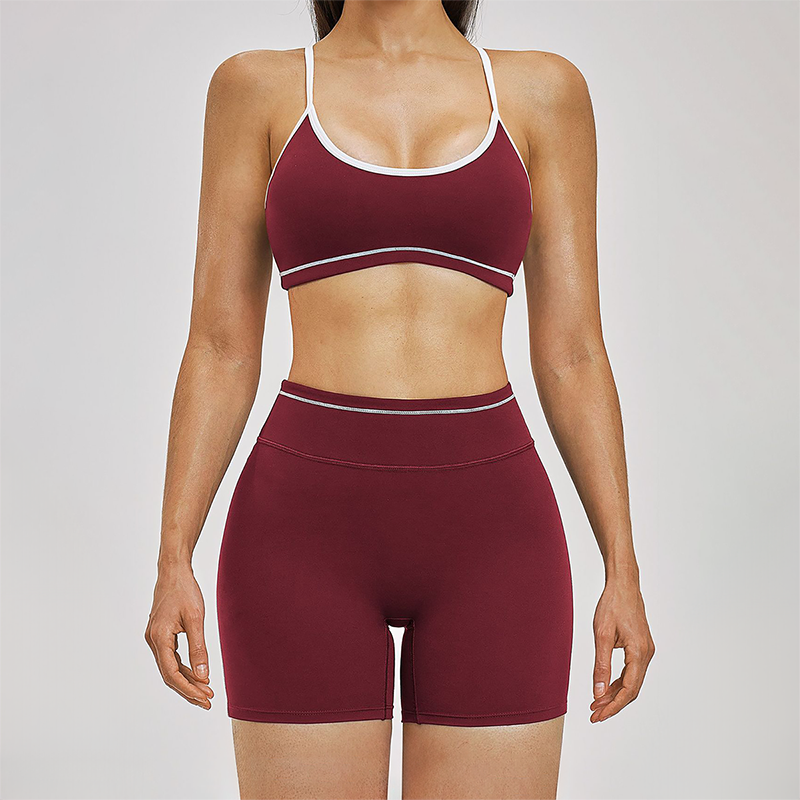 Wholesale Color Block Naked Yoga Halter Bra+Tight Shorts 2-Piece Set