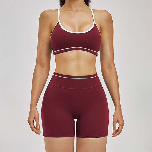 Wholesale Color Block Naked Yoga Halter Bra+Tight Shorts 2-Piece Set