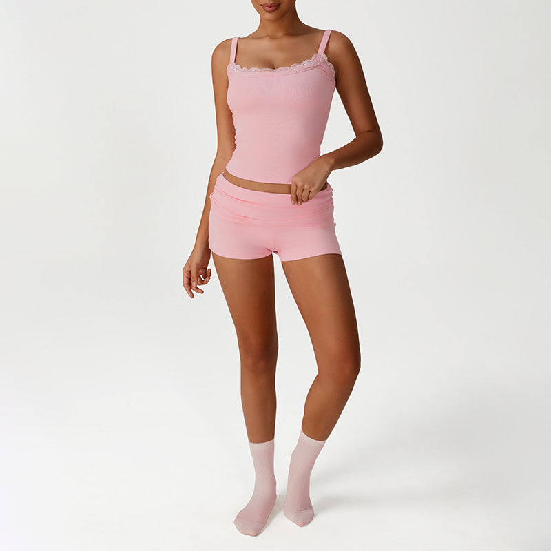 Lace Low-Cut Crop Top + Elastic Ruched Waistband Shorts 2-Piece Set