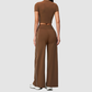 Wholesale Women's Brushed Short Sleeve Crop Top & Wide-Leg Pants Set – Padded Yoga Fitness 2-Piece