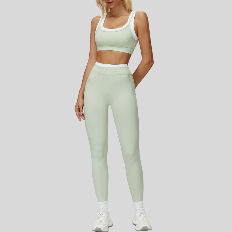 Contrast color sports bra + sports legginggs 2-piece set