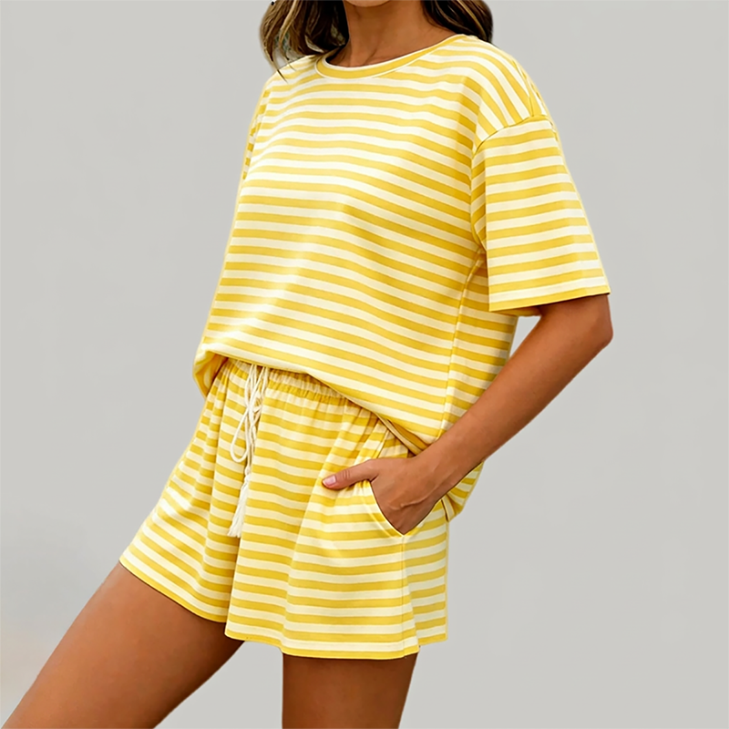 Wholesale Women's Striped Short Sleeve Shorts Set – Lightweight Casual Two-Piece