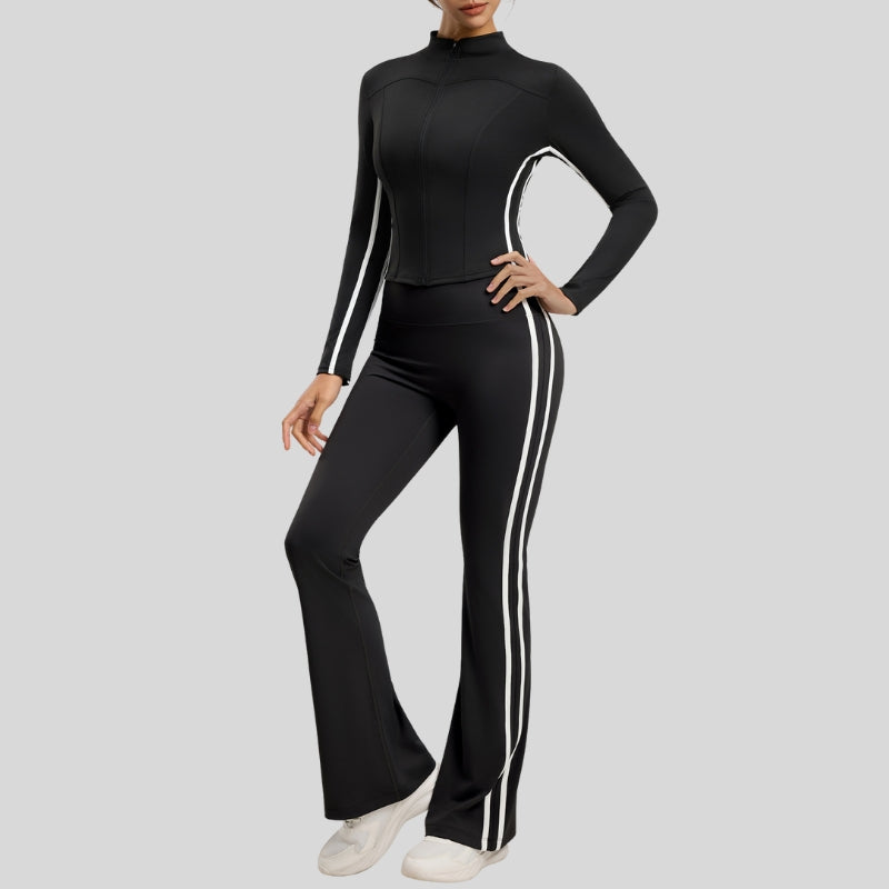 Contrast color slim sports jacket + slim flared pants 2-piece set