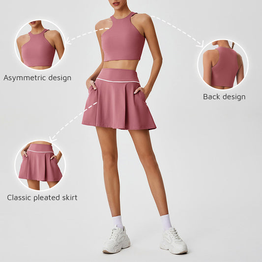 Asymmetric Halter Sports Top + Golf And Tennis skirts 2-Piece Set