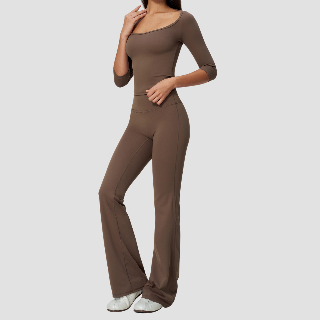 Wholesale Women's Round Neck Mid-Sleeve Tops + Flare Pants Yoga Set