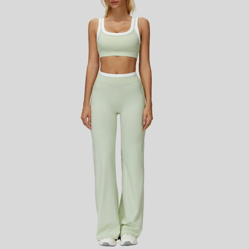 Contrast color sports bra + sport slightly flared pants 2-piece set