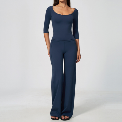 Wholesale Women's Round neck mid sleeve top+Hip lift Wide-Leg Yoga Set