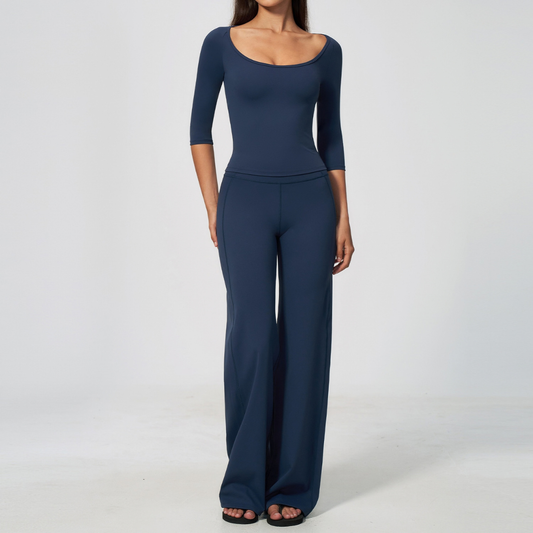 Wholesale Women's Round neck mid sleeve top+Hip lift Wide-Leg Yoga Set