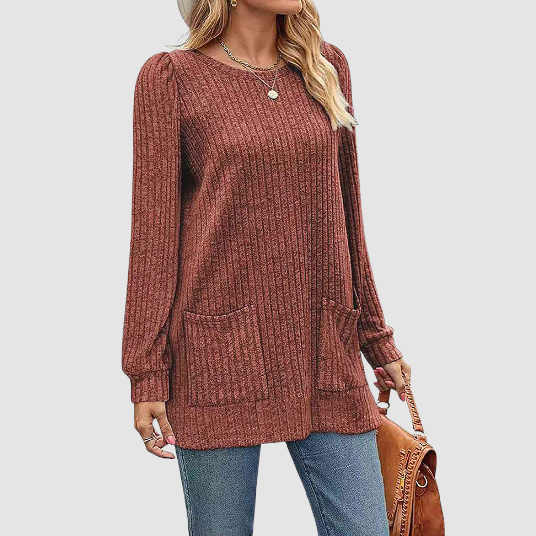 Wholesale Women’s Ribbed Pocket Tunic Sweater – Mid-Long Knit Pullover