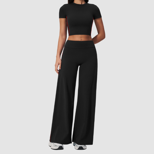 Wholesale Women's Brushed Short Sleeve Crop Top & Wide-Leg Pants Set – Padded Yoga Fitness 2-Piece