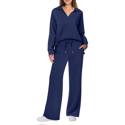 Wholesale Notched Long Sleeve Hooded Jacket + Loose Wide-Leg Pants