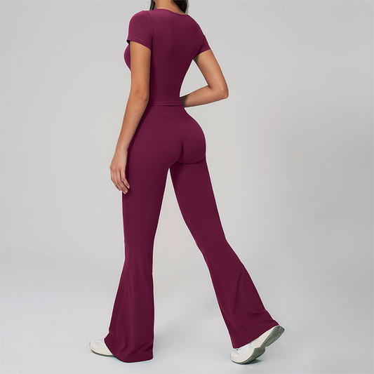 Wholesale Seam-Detail Cropped T-Shirt & Flare Leggings Set – Brushed Yoga 2-Piece