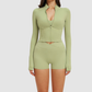 Wholesale stand-collar zippered jacket + high-waisted tight shorts