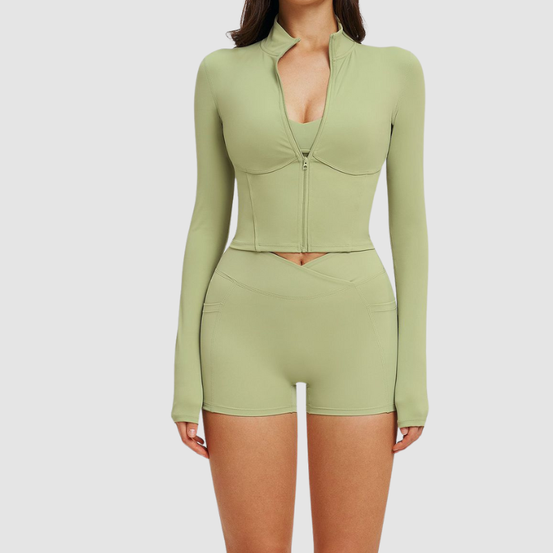 Wholesale stand-collar zippered jacket + high-waisted tight shorts