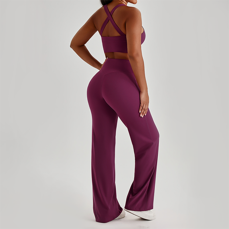 Wholesale Women's Peach Lift High Waist Flare Pants Yoga Set – Cross Back Sports Bra 0258