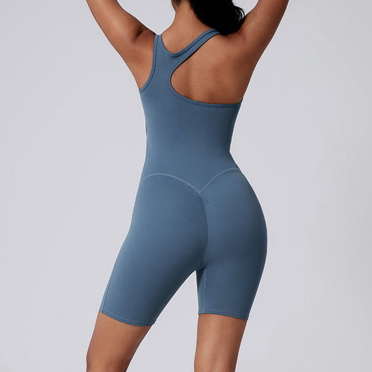 Asymmetric straps hollow back shorts sports jumpsuit