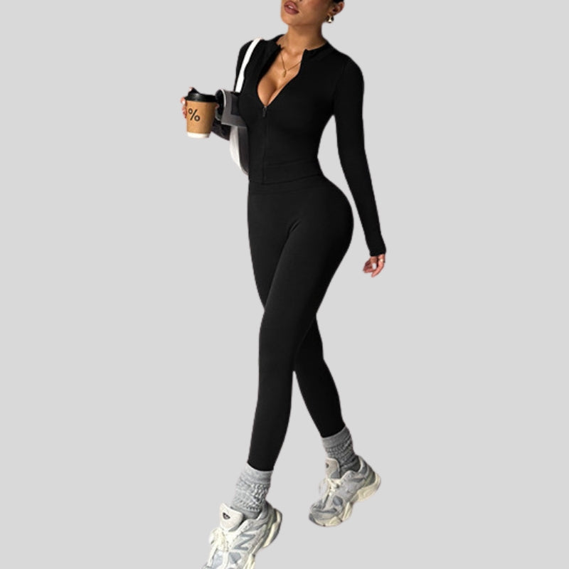 Slim-fitting zippered jacket + seamless trousers two-piece set