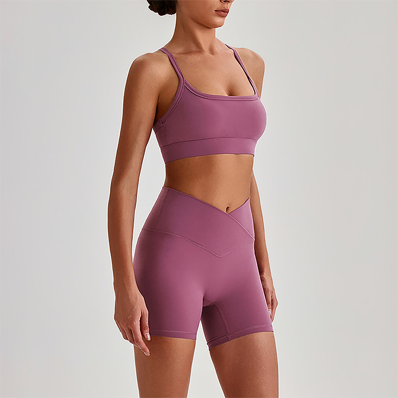 Wholesale Brushed Naked-Feel Open-Back Sports Bra & High-Waist Shorts Set – Sculpting Yoga 2-Piece