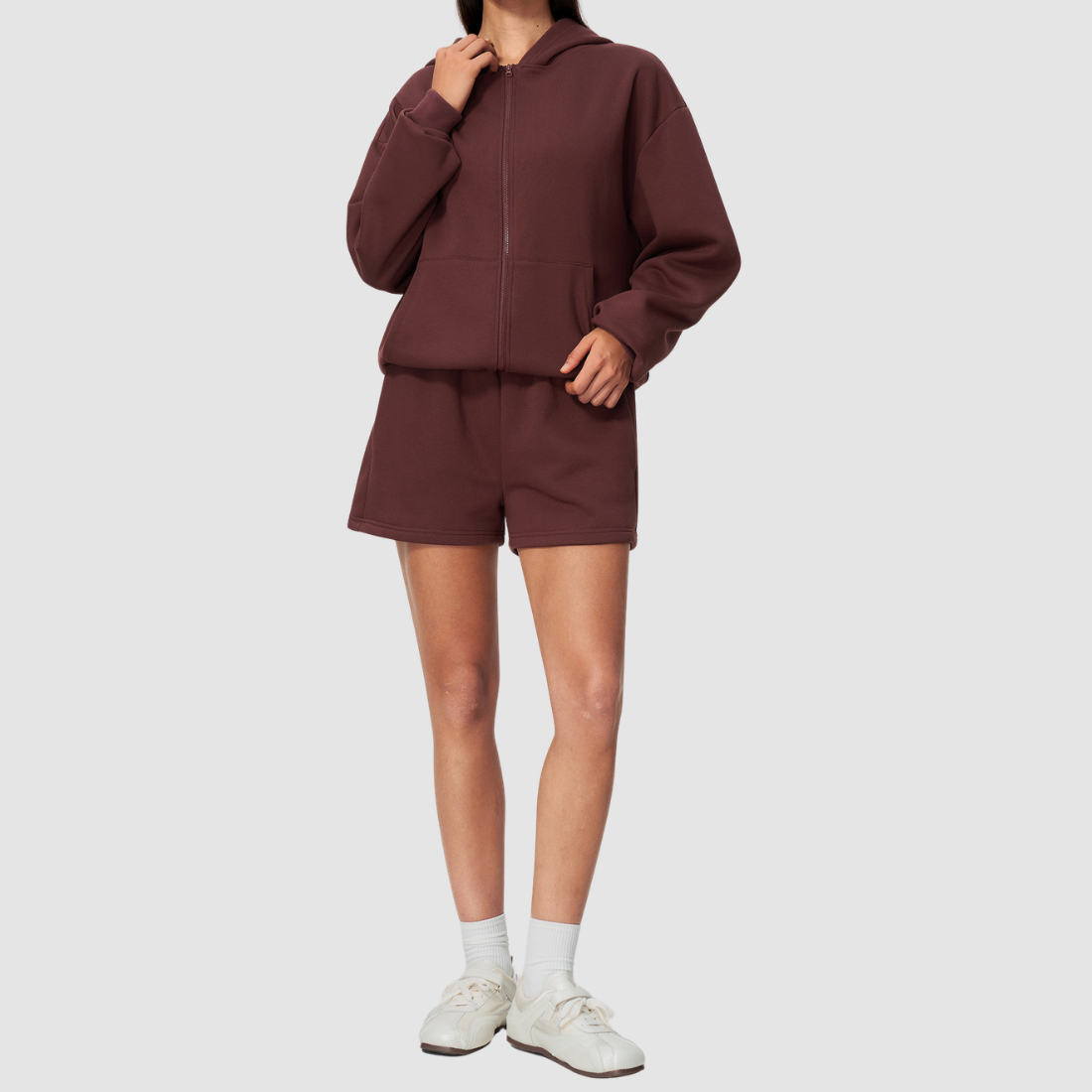 Wholesale Women's Warm Fleece-Lined Zip Up Hoodie & Sweat Shorts Set