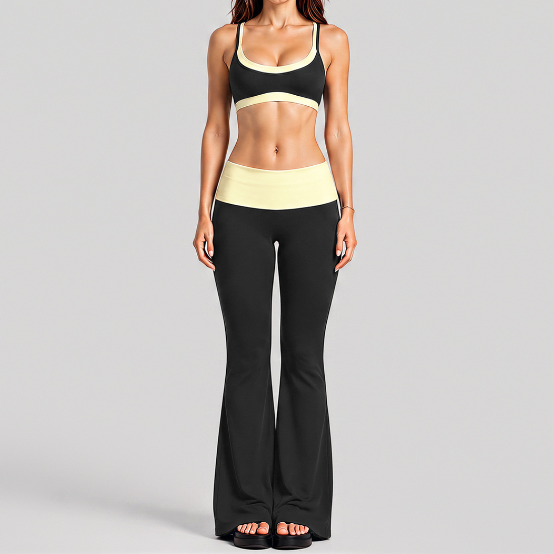Women's Activewear Padded Faux Two-Piece Sports Bra & Flared Pants Yoga Set