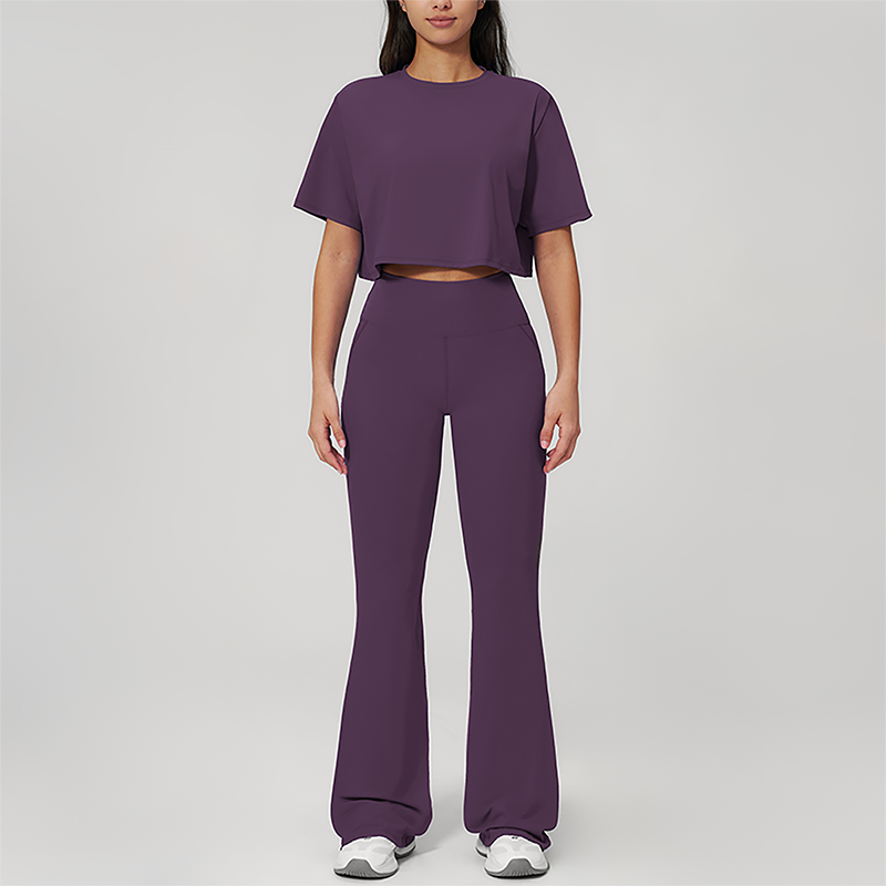 Wholesale round neck short sleeved top+flared pants 2-piece set
