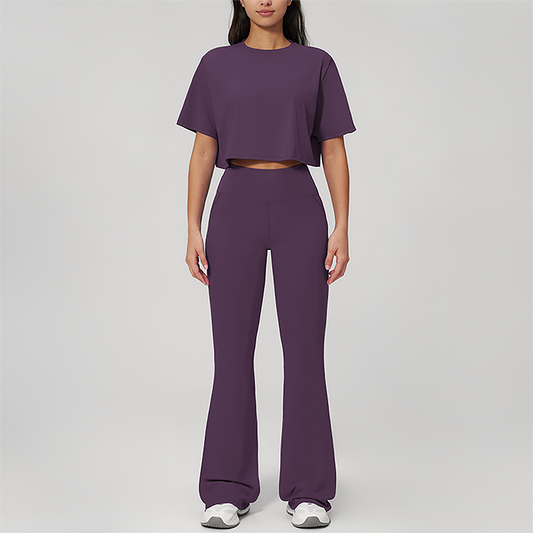 Wholesale round neck short sleeved top+flared pants 2-piece set