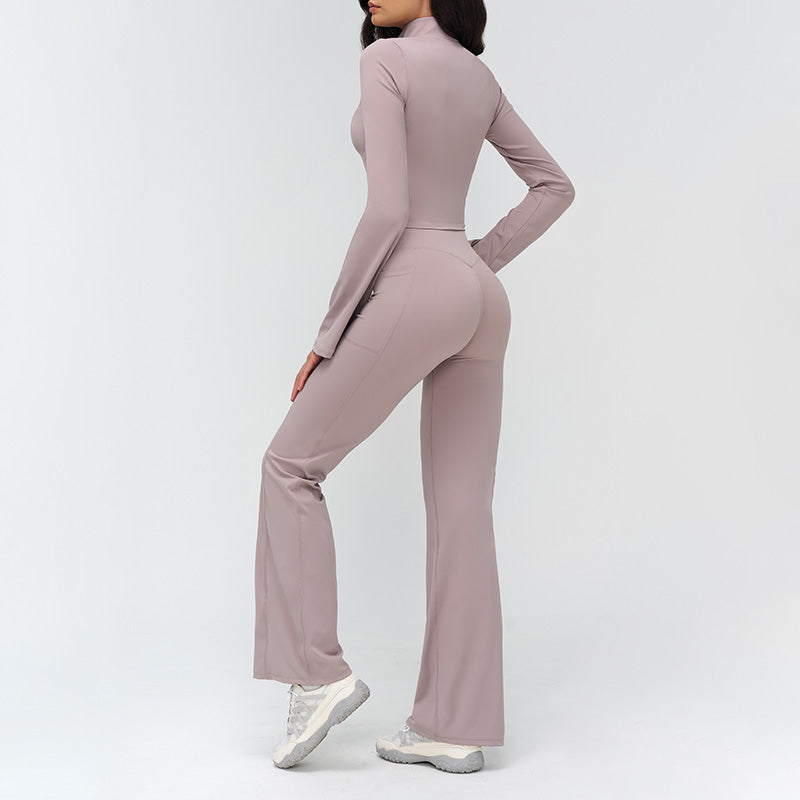 Stand-up collar yoga jacket + nude high-waisted flared pants 2-piece set