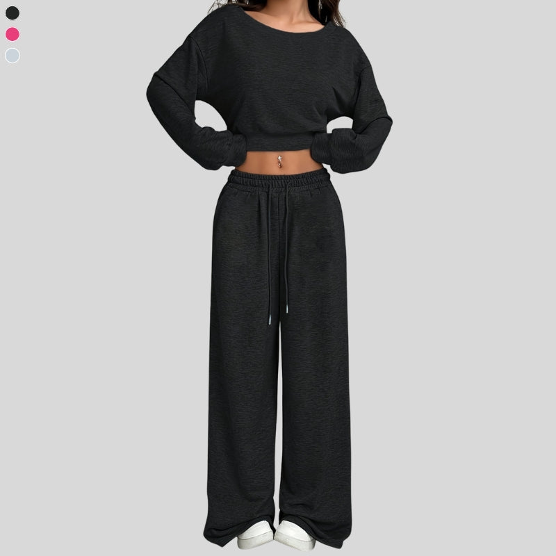 One-shoulder short sweatshirt + drawstring loose sweatpants 2-piece set