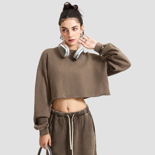 Wholesale Washed Raw-Edge Long Sleeve Top – Cropped Cotton Streetwear