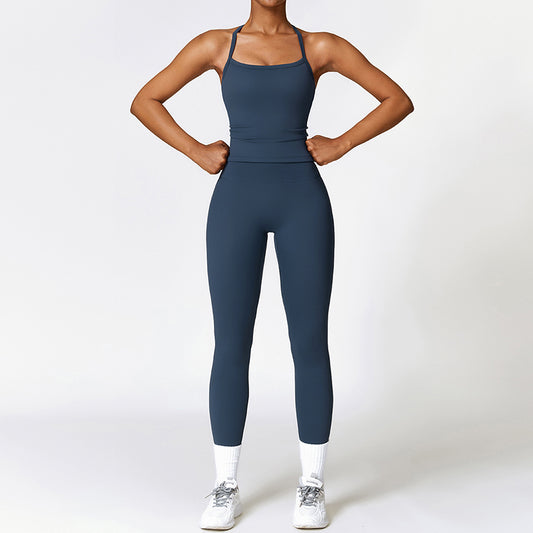 Tapa del tanque de yoga de cruz cepillado + Leggings de cintura alta de 2 piezas