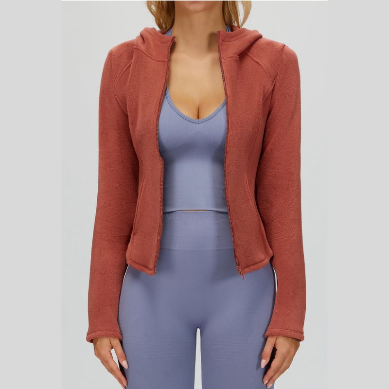 Fleece-lined hooded jacket with zipper.