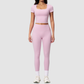 Wholesale Women's Seam-Detail Short Sleeve Crop Top + High-Waist Leggings Set – Butt-Lifting Yoga Gym Activewear