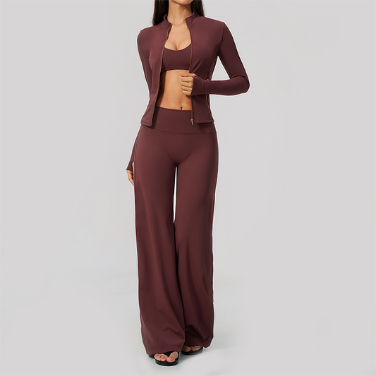 Wholesale Women's 3-Piece Yoga Set – Zip Jacket, Sports Bra & Wide-Leg Pants