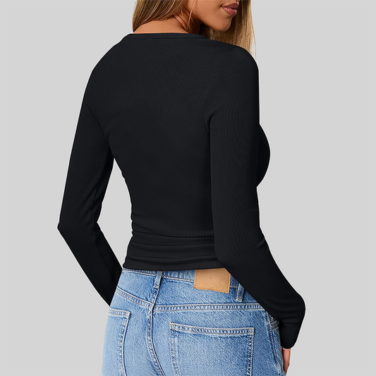 Wholesale Women's Button V-Neck Long Sleeve Ribbed Knit Top
