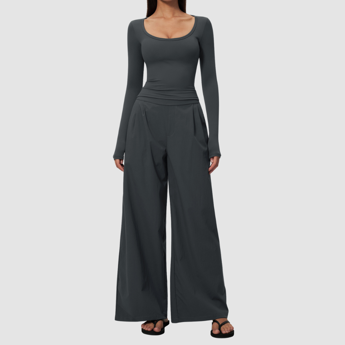 Wholesale Women's Brushed V-Neck Long Sleeve Top & Wide-Leg Pants Yoga Set