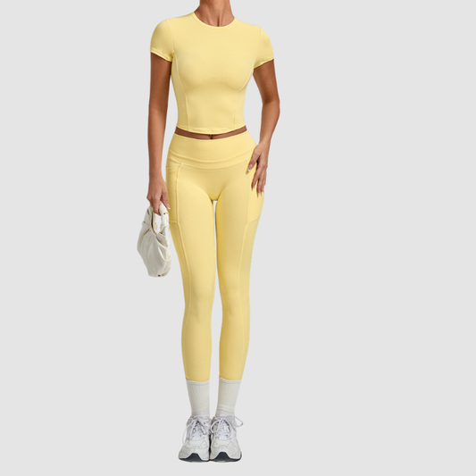 Wholesale Women's Naked-Feel Short Sleeve Top + High-Waist Leggings Set – Peach Lift Yoga Fitness Activewear