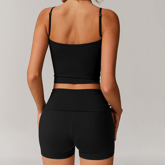 V-shape neck and thin straps tank top + High-waisted shorts 2-piece set