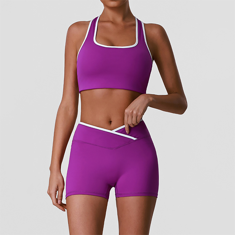 Wholesale High-Waist Contour Yoga Set – Color-Block Sports Bra & Booty Shorts