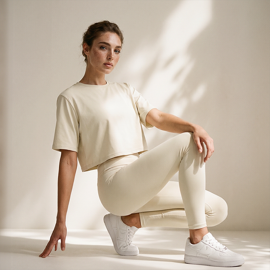 Wholesale Cloud-Feel Cropped Short-Sleeve Yoga T-Shirt – Relaxed Fit Gym Top with Contrast Stitching