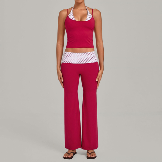 Wholesale Women's Retro Print Yoga Fake Two-Piece Vest+Flared-Leg Pants Set