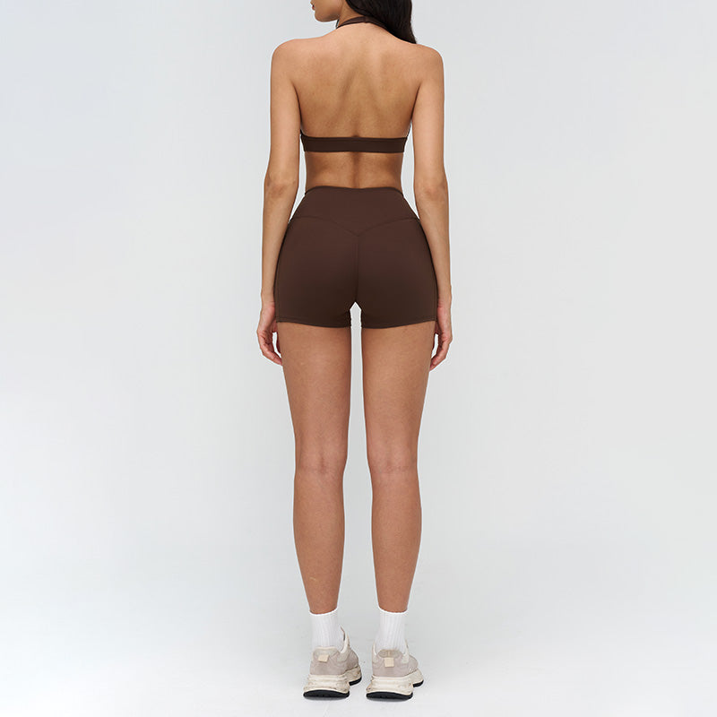 Halterneck backless bra + side pocket design shorts 2-piece set