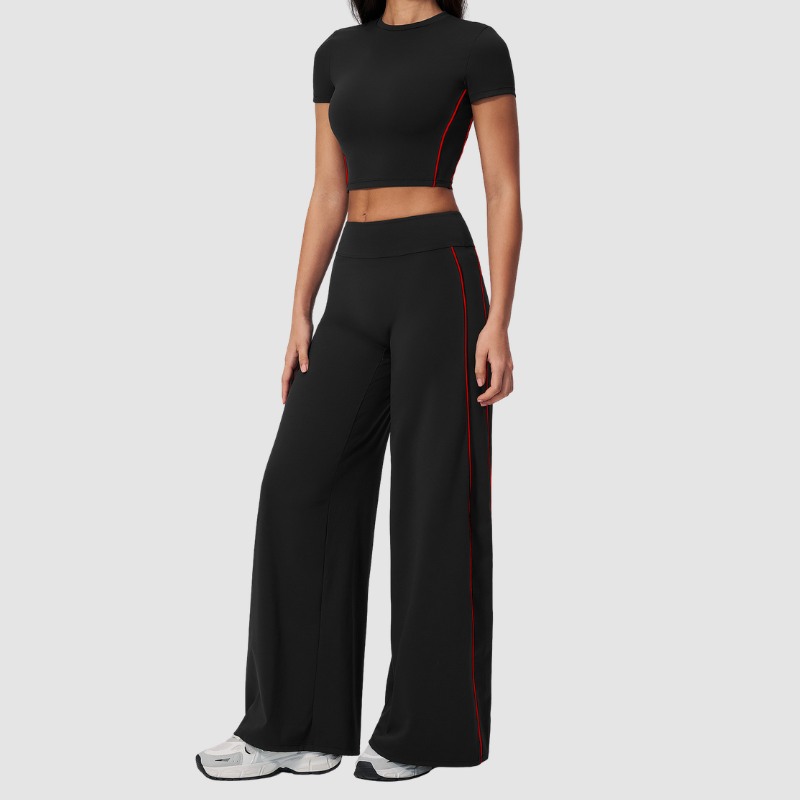 Wholesale Women's Brushed Short Sleeve Crop Top & Wide-Leg Pants Set – Padded Yoga Fitness 2-Piece
