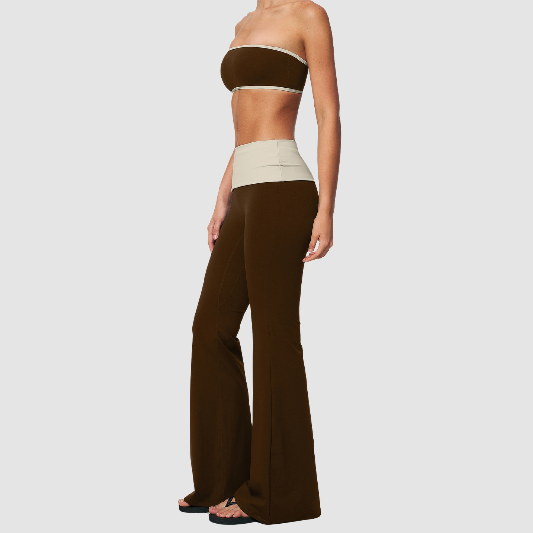Wholesale Bandeau Contrast Color Flared Yoga Set – Tummy Control Fitness Outfit