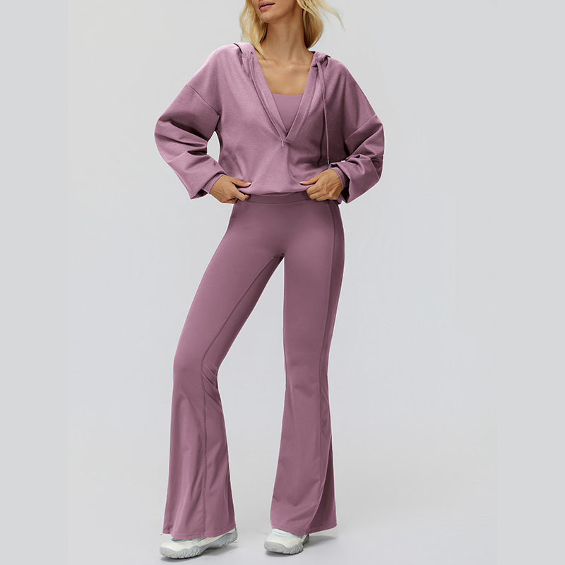 V-neck large hooded jacket+Sports tank top+High-waisted pleated back pants 3-piece set